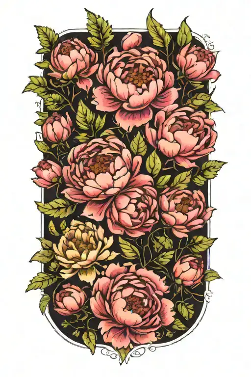 Peonies With Fern Leaves And Different Flowers And Delicate Leaves