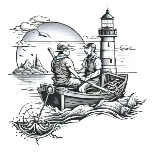 Black 3D Tattoo Father And Son Fishing On A Boat Lighthouse In Background