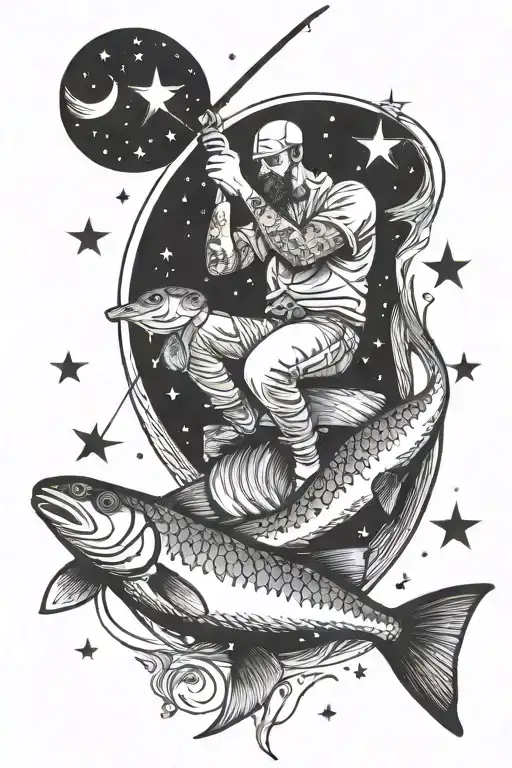 Man Sitting On Crescent Moon With Fishing Pole Surrounded By Fish And Stars