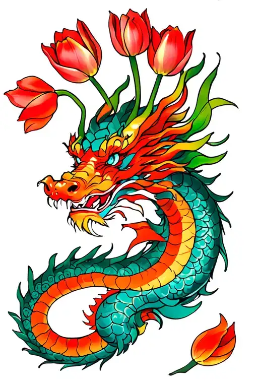 Japanese Dragon And Tulips