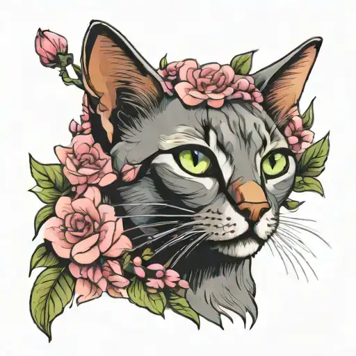 Abyssinian Gray Blue Cat Flowers Pink Green Eyes
