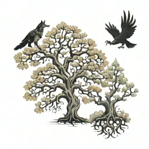 Oak Tree With Wolf And Phoenix