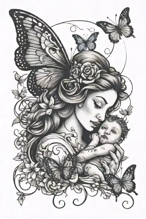 Mother Holding Child Symbol Intertwined With Butterflies