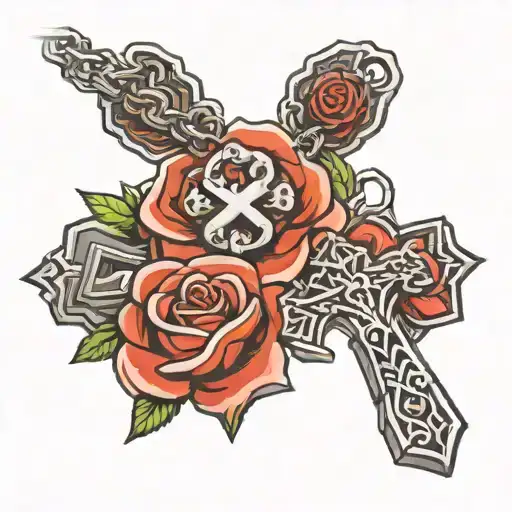 Cross Rose Dog Tags Attached To Chain