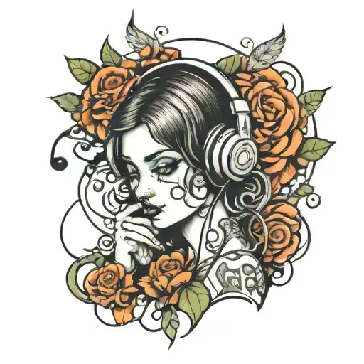 Girl And Headphones Listening To Music