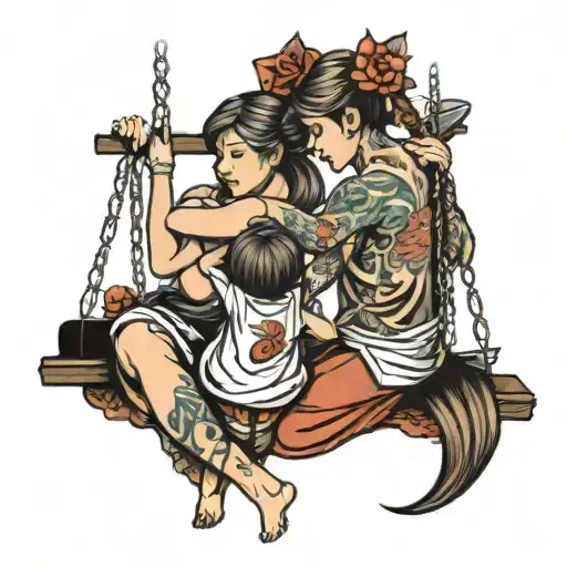 Son Mother Daughter Sitting With Their Backs On A Swing