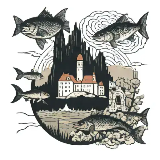 Blackwork Collage Of Yugoslavian Landmarks With Hidden Pike And Zander Fish Throughout