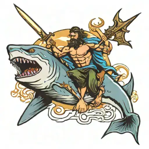 Poseidon Holding A Trident Riding A Shark
