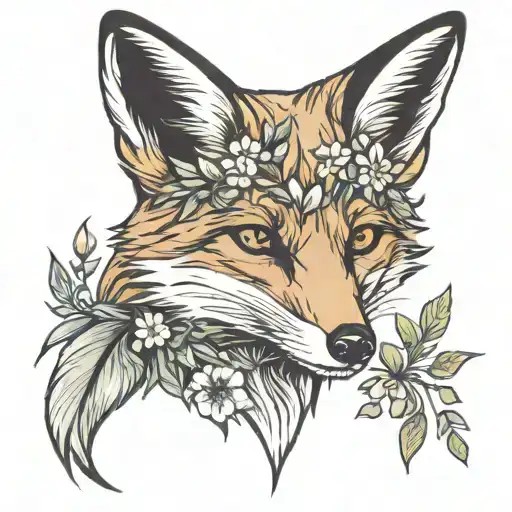 Tattoo Of A Bright Red Fox In Flowers And Grass