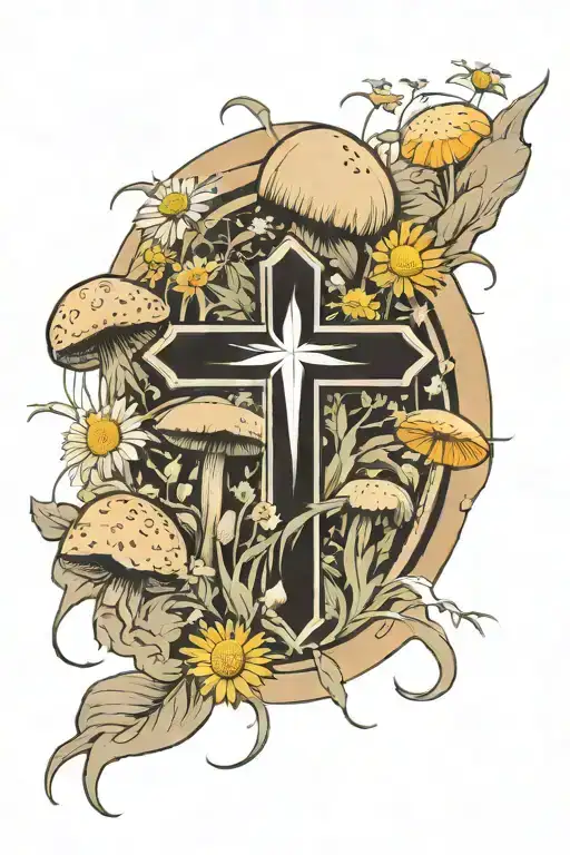 Cross Surrounded By Dandelion And Mushroom