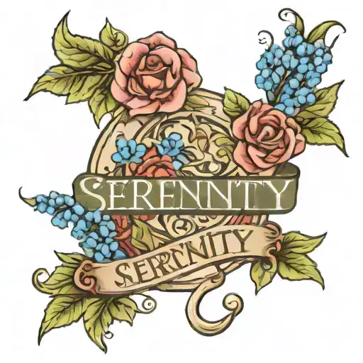 The Word Serenity On A Banner Surrounded By Flowers