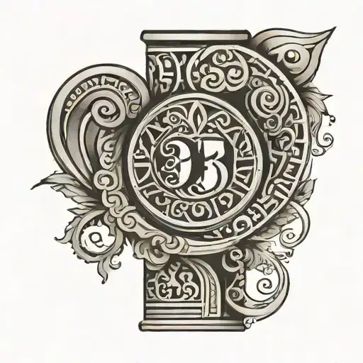 Black And Grey Greek Style Full Arm Tattoo Including The Number 3 In 3 Sectors Of The