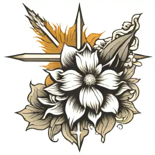 Cross With Sun Rays And One Flower