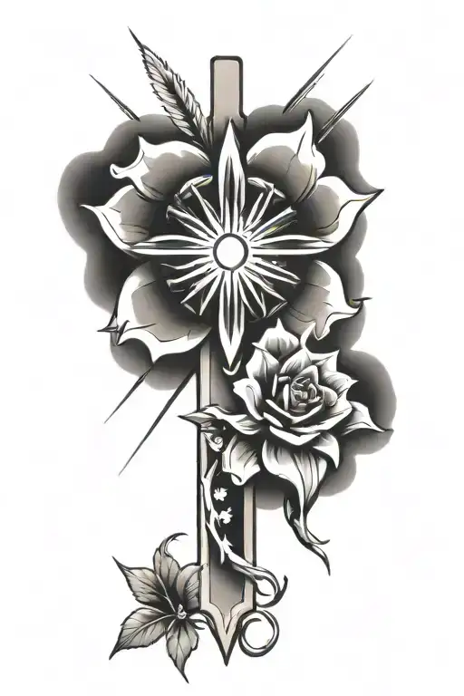 Cross With Sun Rays And One Flower