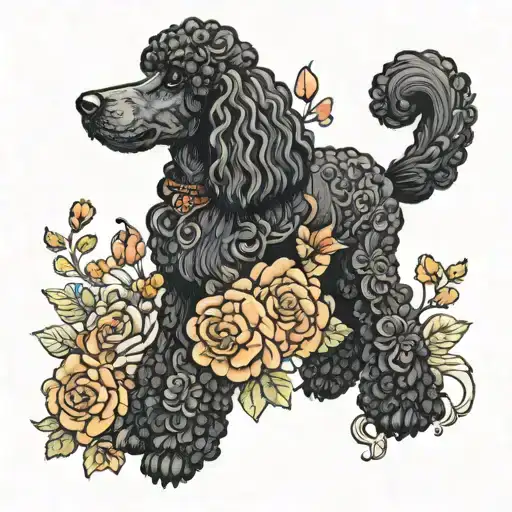 Black Standard Poodle Dog With Flowers