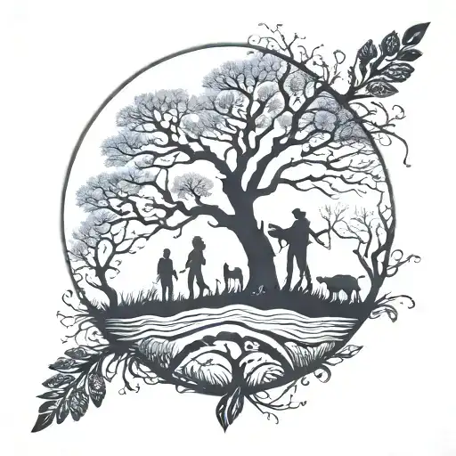 Family Silhouette In Nature Elements Like Trees