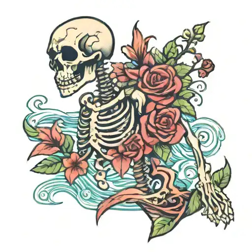 Standing Skelleton With Flowers From The Philippines And Water Waves