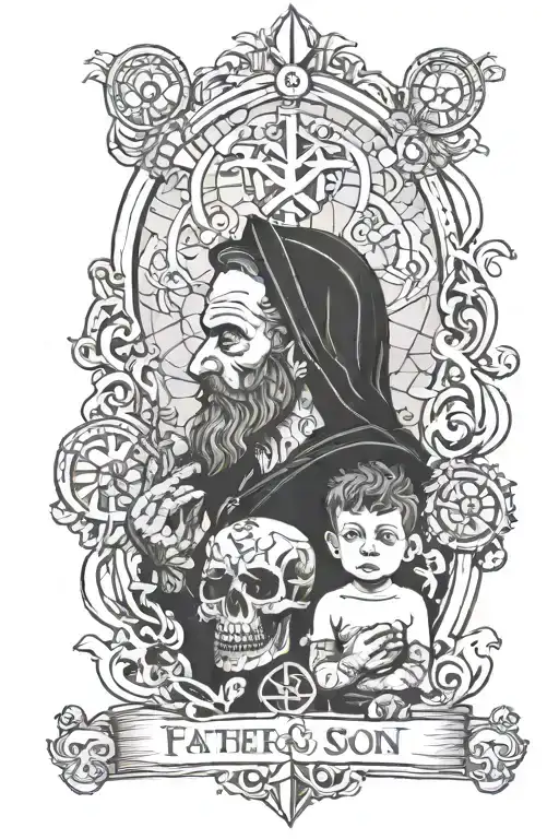 Father And Son With Religious Background And An Achor On The Bottom