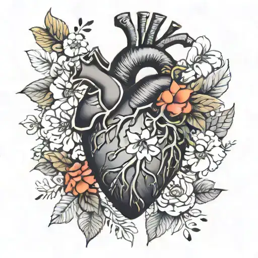 Anatomical Heart With Different Flowers And Leaves Hyperfine Line