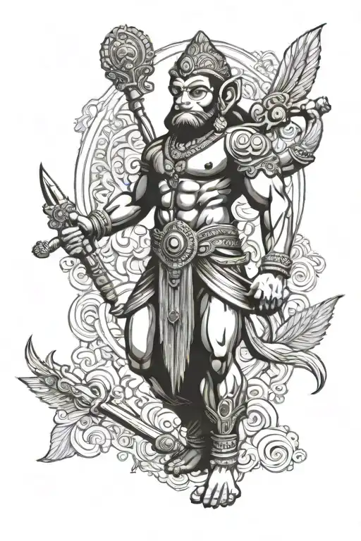 Lord Hanuman Standing With His Weapon With Background Wings