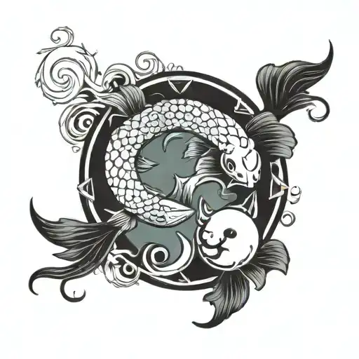 Scorpio Sign Surround By Ying Yang Koi Fish In Waves