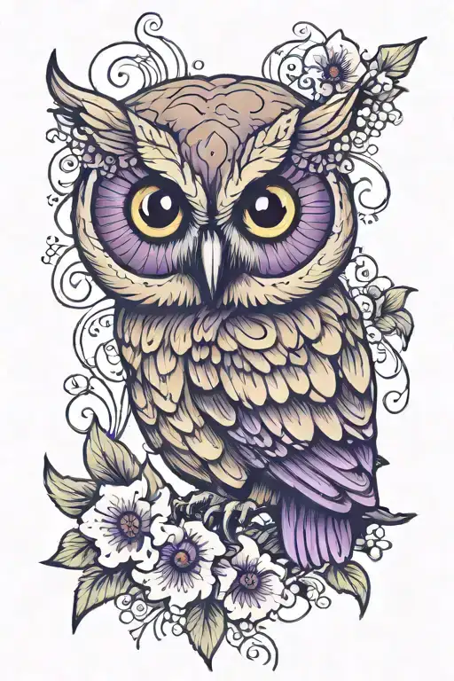 Hazel Eyed Owl With Purple Iris Flowers
