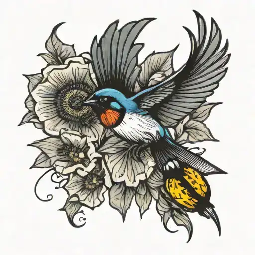 Swallow Bird And Bumblebee And Poppy Flower
