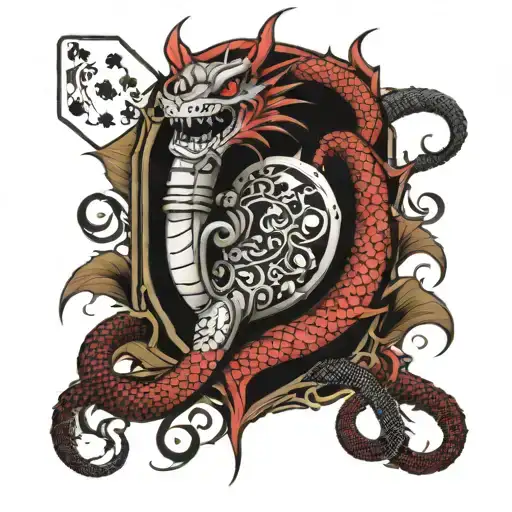 A Black And White Sleeve Featuring A Poker Theme With Dragons