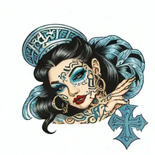 Chicano Beautiful Girl With Blue Eyes With A Cross In Her Hand