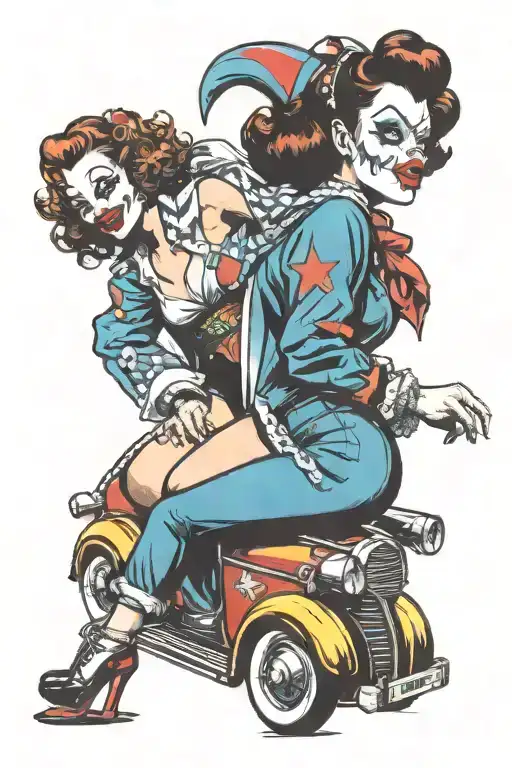 Pin Up Clown Girl Bending Over Hood Of Clown Car