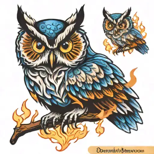 Owl With Blue Eyes And Fire