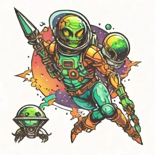 Space Sleeve With Alien And Spaceman And A Galaxy Background With Lots Of Colour