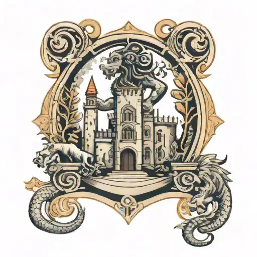 Italian Mythical Creature With Castle And God Symbol In Alchemy