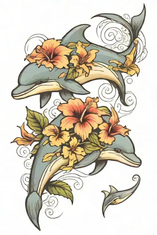 Dolphin And Hibiscus Flower