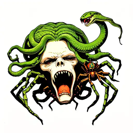Medusa Head With A Serpent Coming Out Of Its Mouth To Eat A Spider