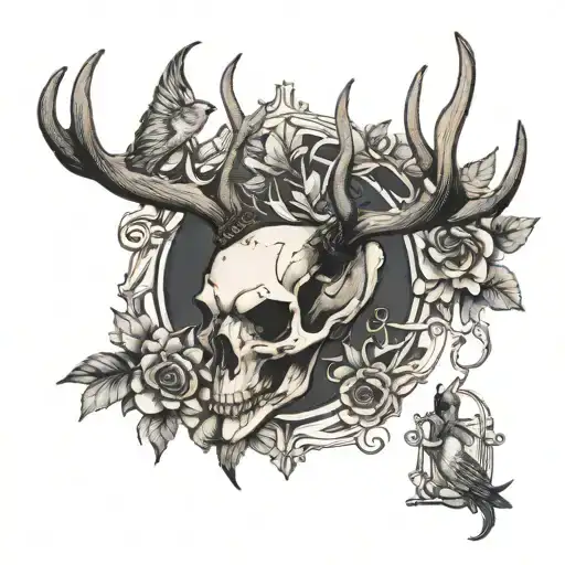 Black And Grey Deer Skull With Antlers And Birds Sitting On The Antlers
