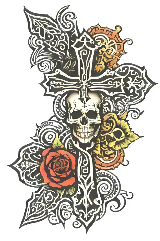 Tribal Cross With Skull Surrounded