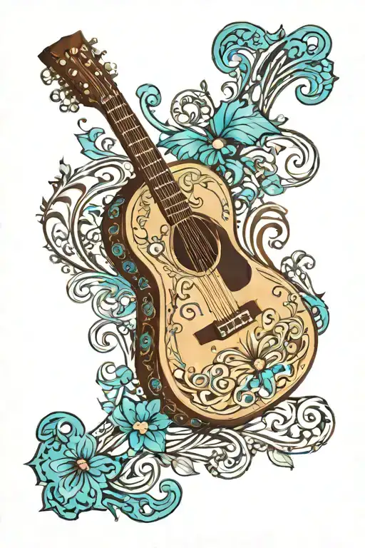 Acoustic Guitar Surrounded By Western Scrollwork With Turquoise Beads