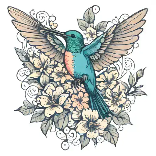 Humming Bird With Flowers Surrounding