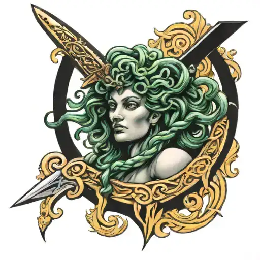 Medusa Greek Mythology Head Through A Sword
