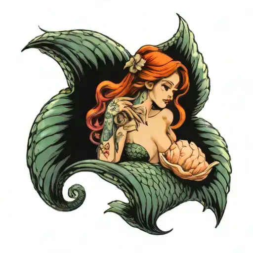 Mermaid Hiding Behind Conch Shell