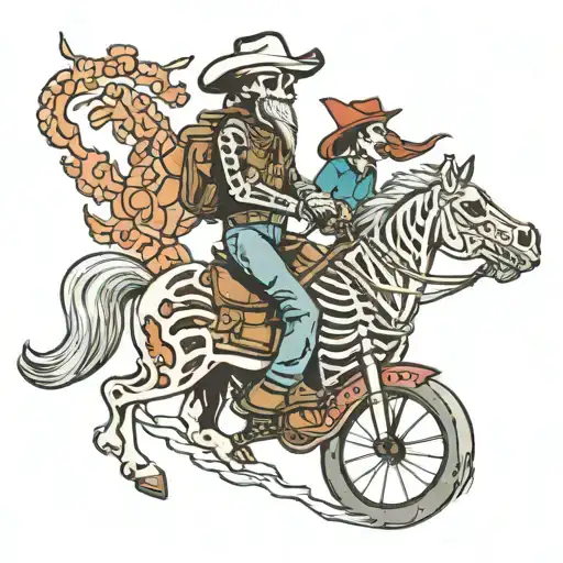 Skeleton Horse And Skeleton Cowgirl Riding Mountain Bike