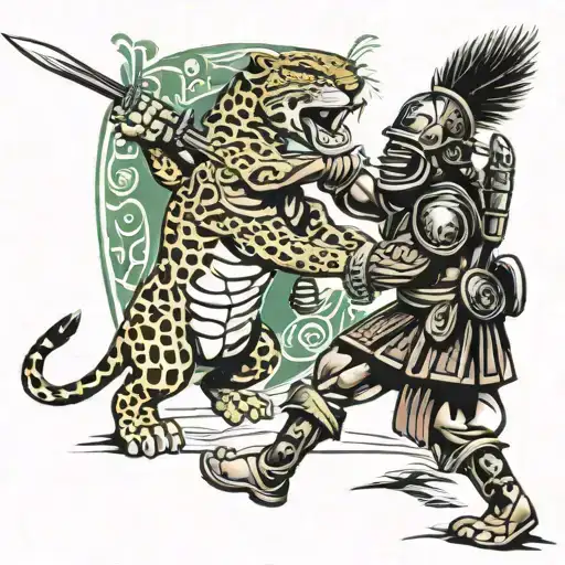 Mayan Jaguar Warrior With Spear And Shield In Hand Taking Down A Spanish Soldier