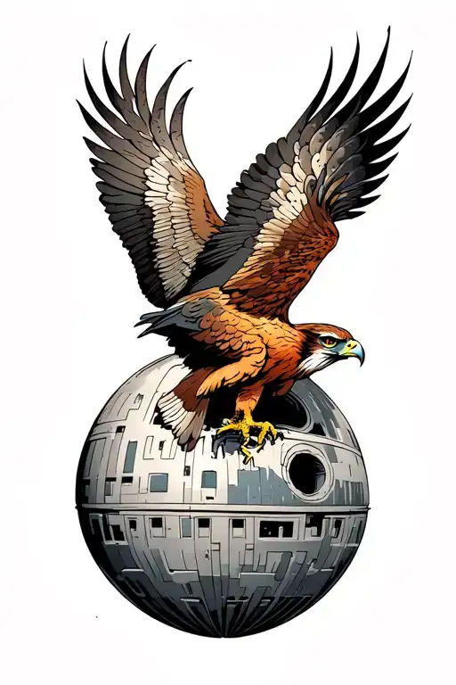Red Tail Hawk In Front Of Death Star