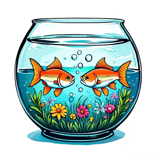 Fish Bowl With Two Fish With Bubbles Displaying Names And Wildflowers