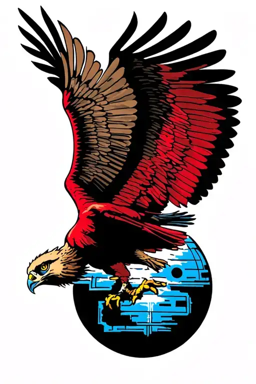 Flying Red Tail Hawk With Death Star In Distance