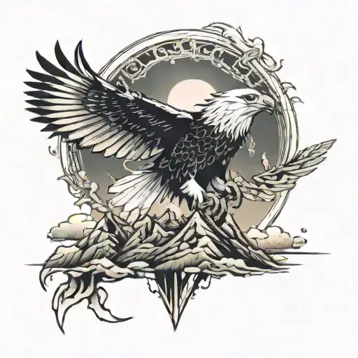 A Majestic Eagle Soaring Over A Mountain Peak With Intricate Line Work And A Powerful Aura