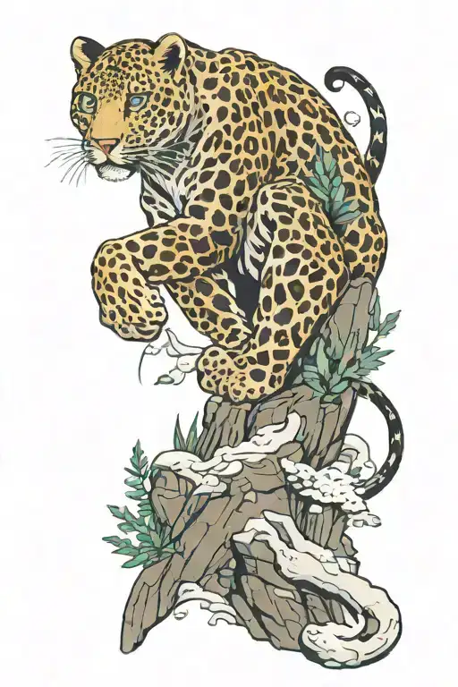 Snow Leapord Full Body Climbing Up A Mountain