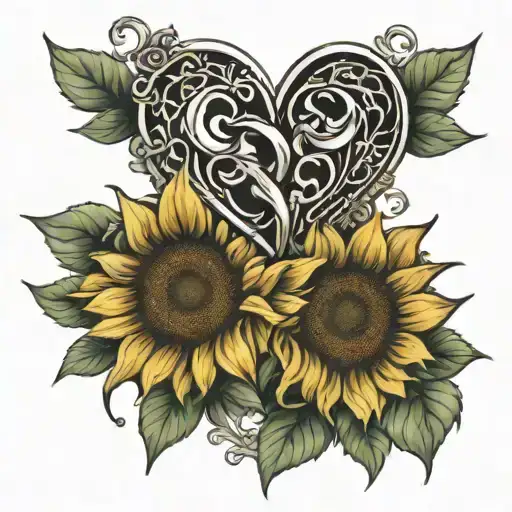2 Linked Hearts With A Sunflower Around It