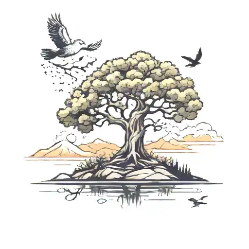 Oak Tree With Mountains And Birds